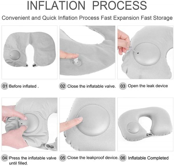 Inflatable Neck Pillow, Fully Adjustable Neck Pillow for Airplane Travel, Car, Bus and Rail Travel Pillow (Gray) - Image 2