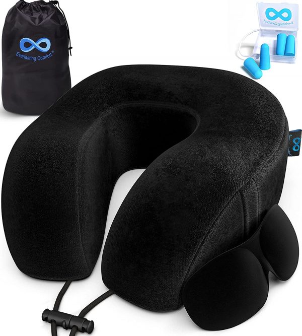 Everlasting Comfort Memory Foam Travel Pillow - Airplane Neck Rest & Plane Accessories (Black)