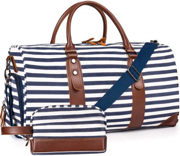 Oflamn 21" Weekender Bags Canvas Leather Duffle Bag Overnight Travel Carry On Tote Bag with Luggage Sleeve (Blue/White Striped)