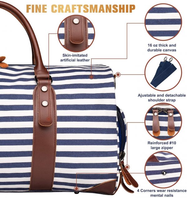 Oflamn 21" Weekender Bags Canvas Leather Duffle Bag Overnight Travel Carry On Tote Bag with Luggage Sleeve (Blue/White Striped) - Image 2