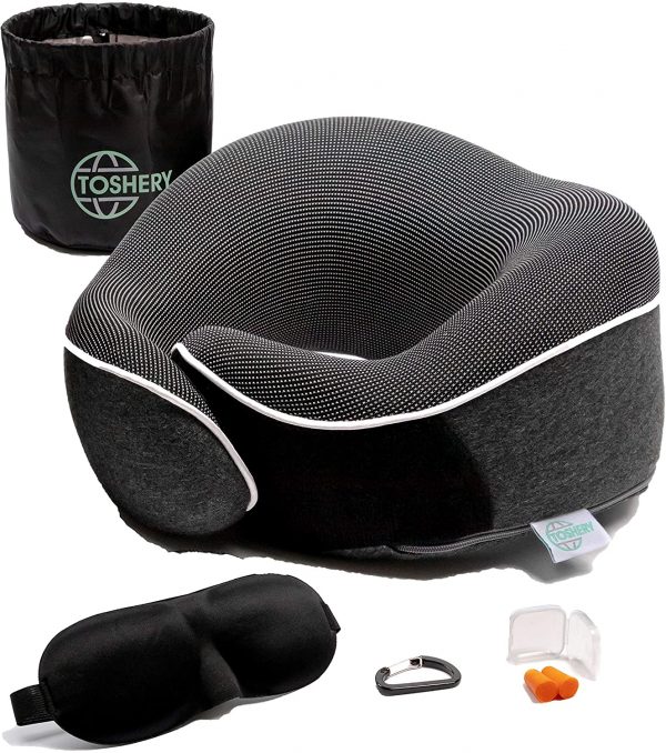 TOSHERY Travel Neck Pillows for Airplanes - Full 360 Degree Head Support with Memory Foam - Comfortable, Breathable, Machine Washable Cover - Travel Kit with 3D Eye Mask, Earplugs, and Carabiner Clamp