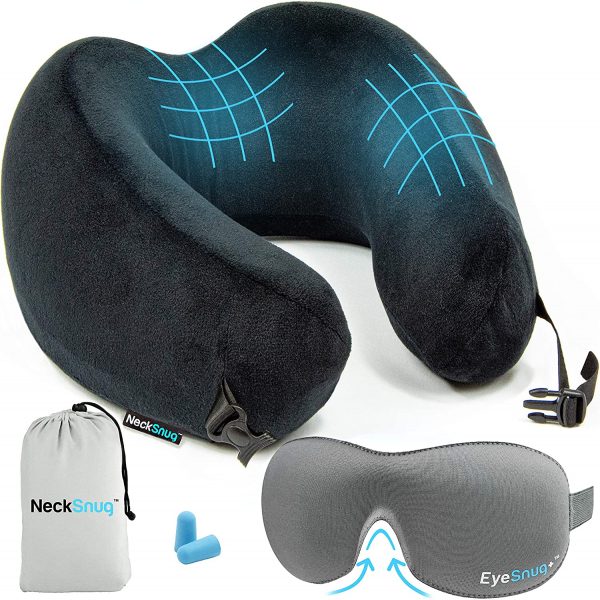 Ultimate NeckSnug Sleep Kit - 100% Memory Foam Travel Pillow, 3D Contoured Sleep Mask, Moldable Ear Plugs, Compact Carry Bag. Moldable and Breathable Neck Pillow